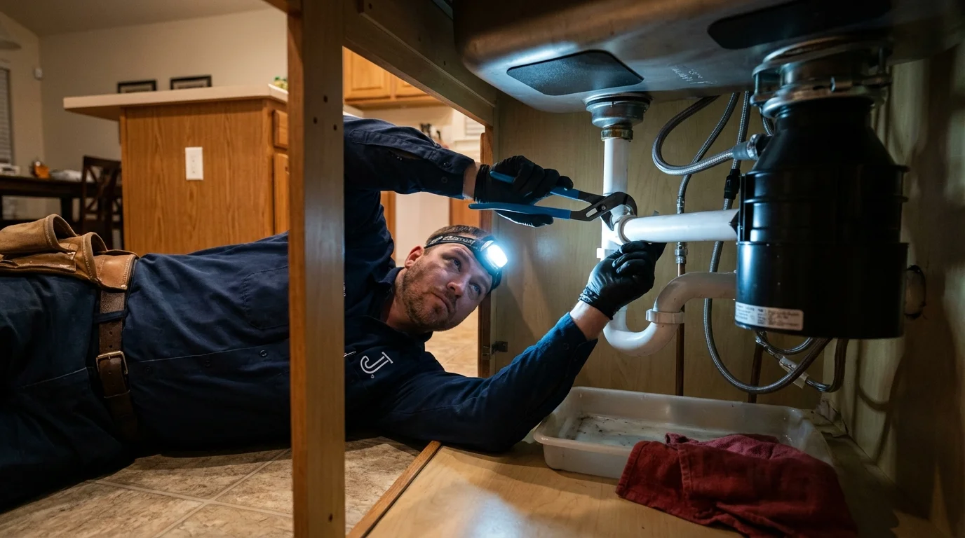 P-trap and supply line connections under a kitchen sink showing a common leak point in Teutopolis, IL